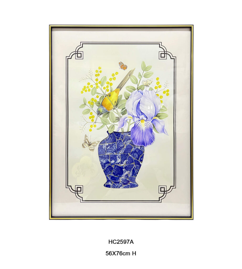 Jingdezhen iris bird porcelain wall art with a blue and white vase