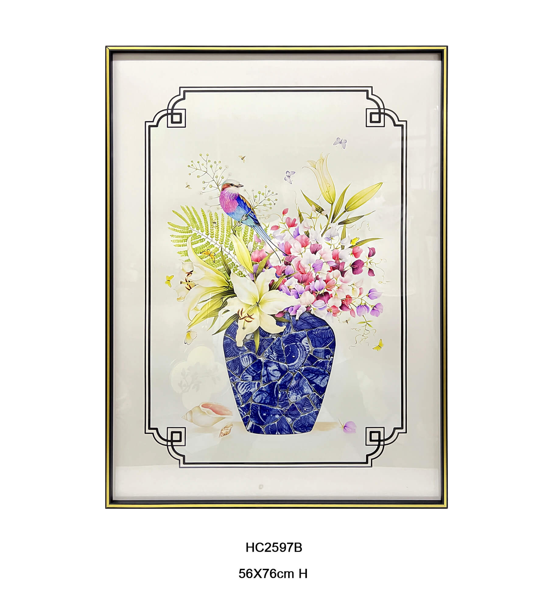 Jingdezhen lily bird porcelain wall art with a blue and white vase