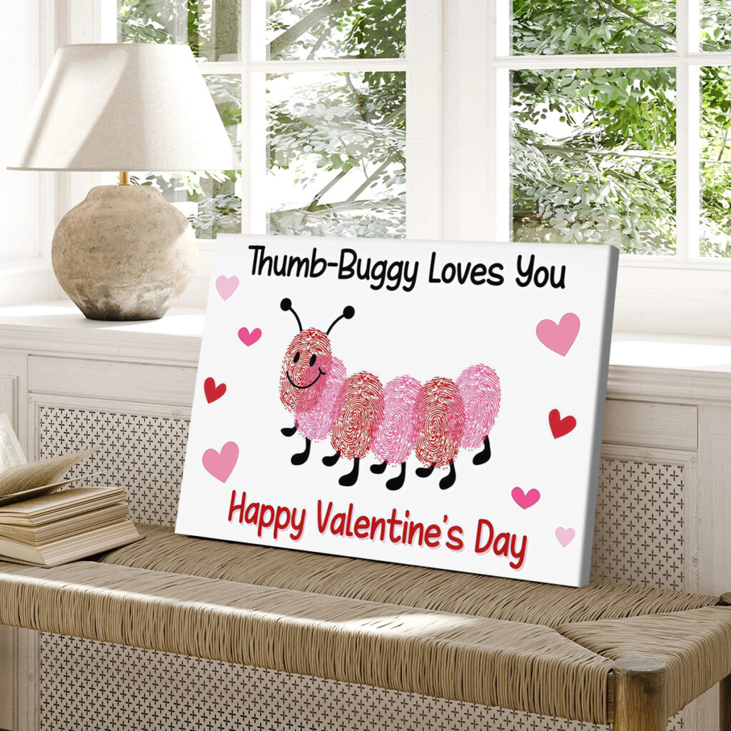 Kids Valentine love bug canvas displayed on a woven bench