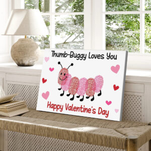 Kids Valentine love bug canvas displayed on a woven bench
