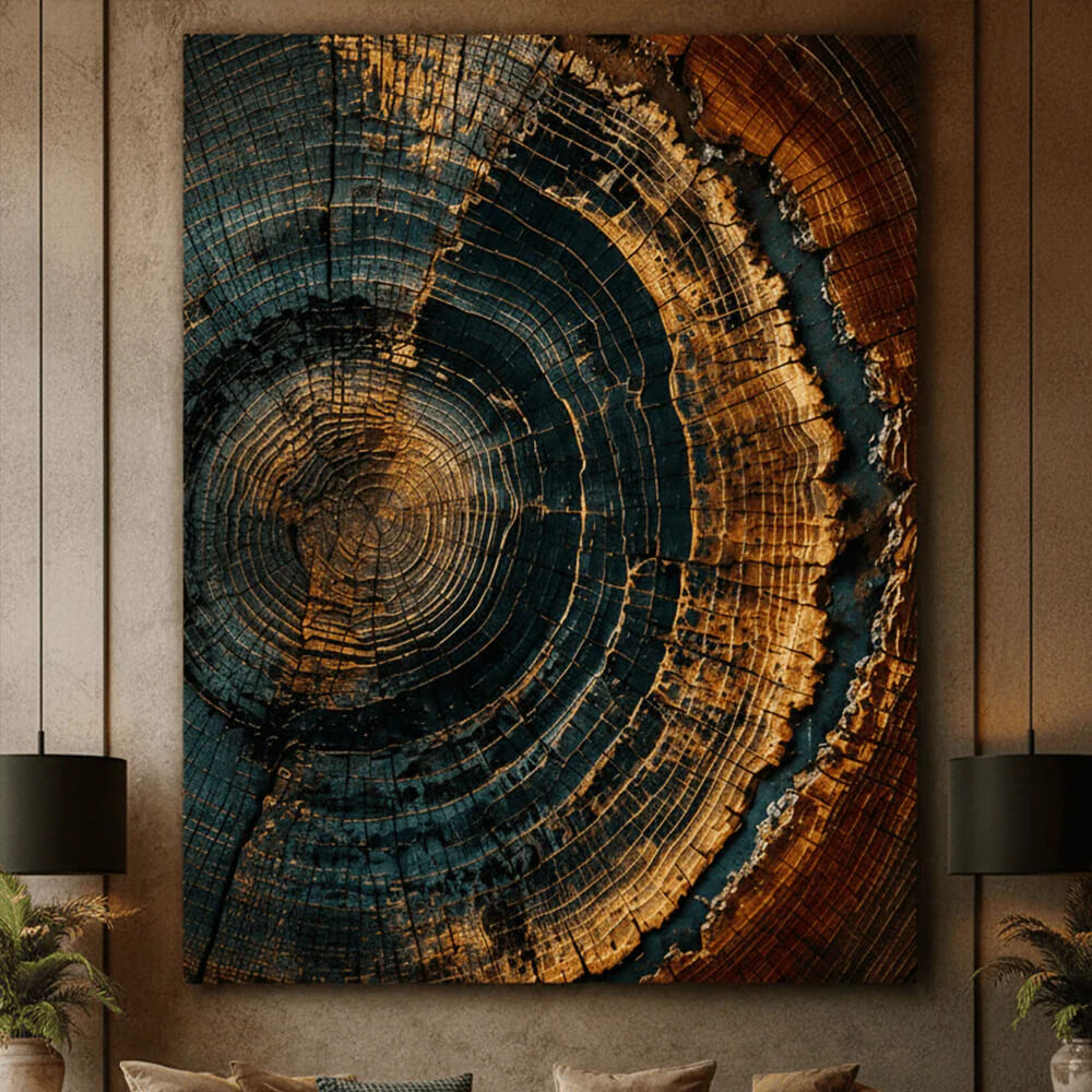 Large abstract tree ring wood wall art with black brown and gold textures