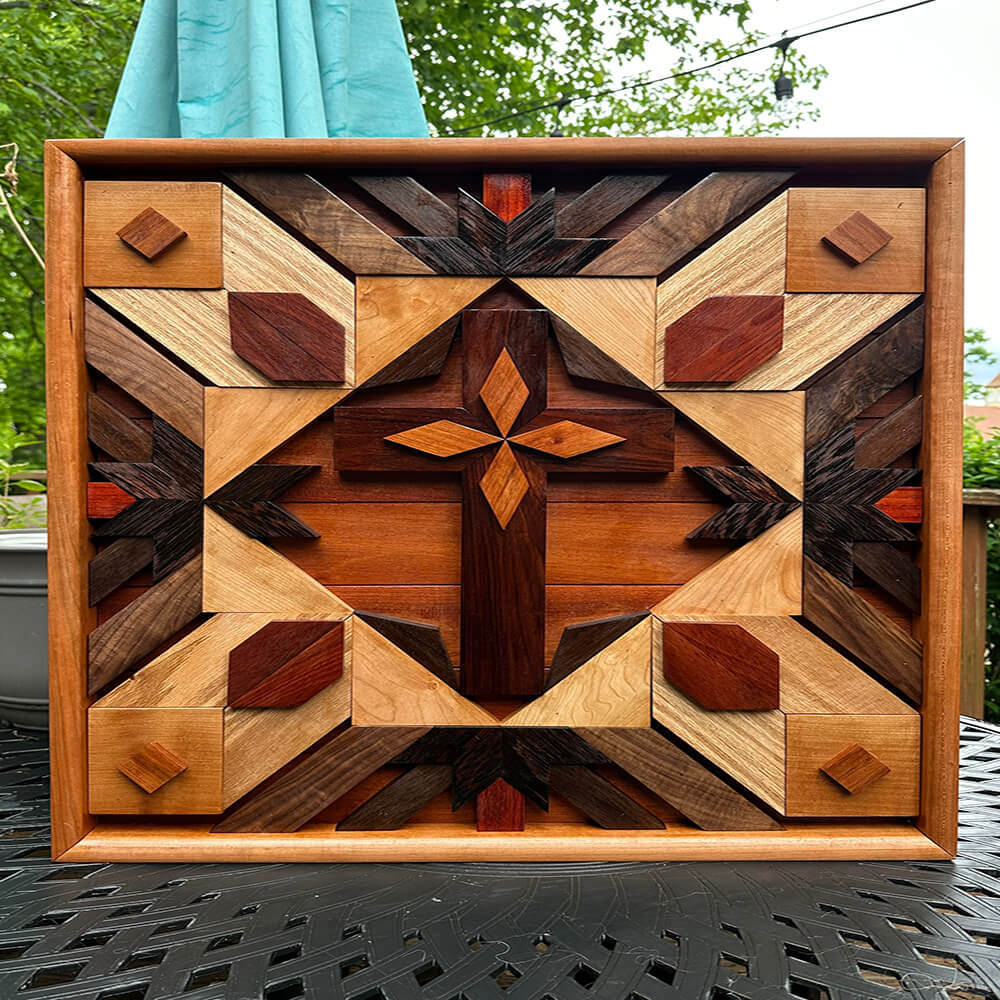 Framed 3D Geometric Cross Large Wood Mosaic Wall Art