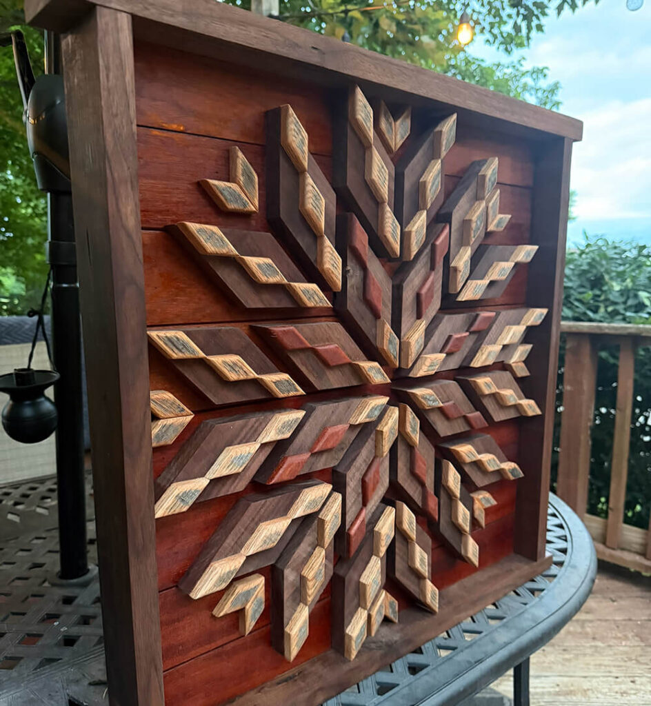 Layered wood barn quilt side view