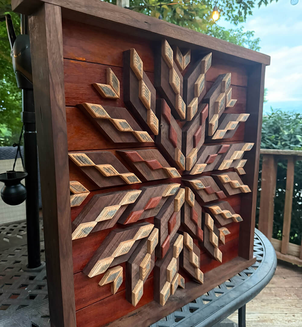 Layered wood barn quilt side view