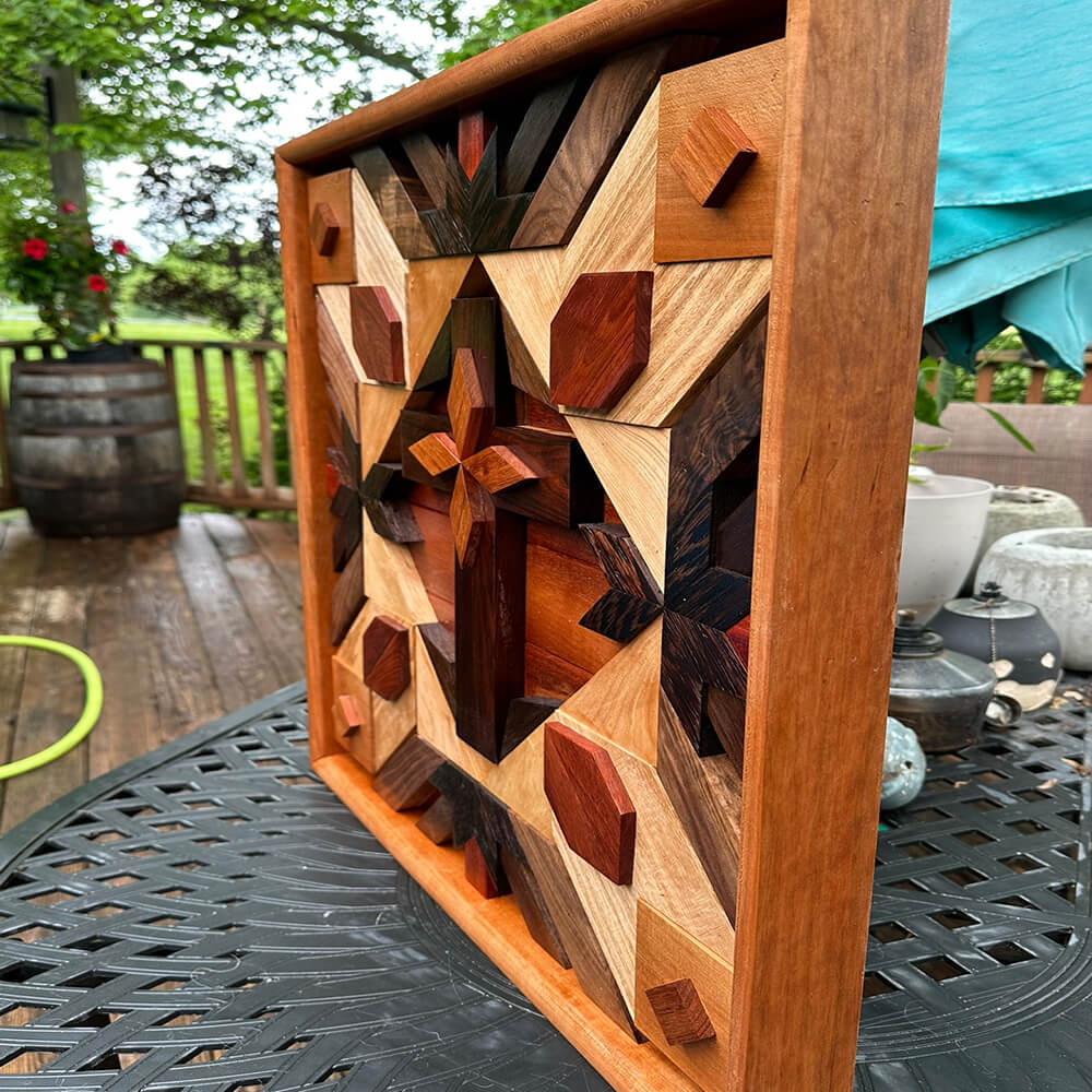 Layered wood mosaic wall art