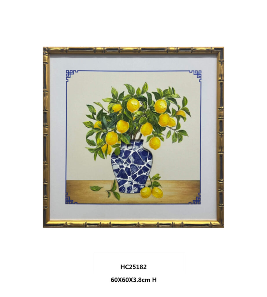 Square lemon tree porcelain wall art with blue shard vase