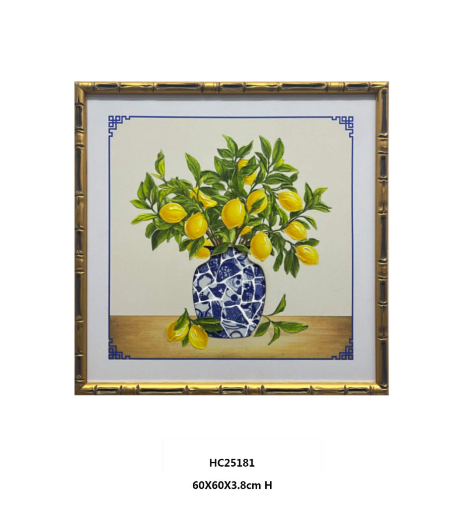 Gold framed lemon tree wall art with porcelain shard vase