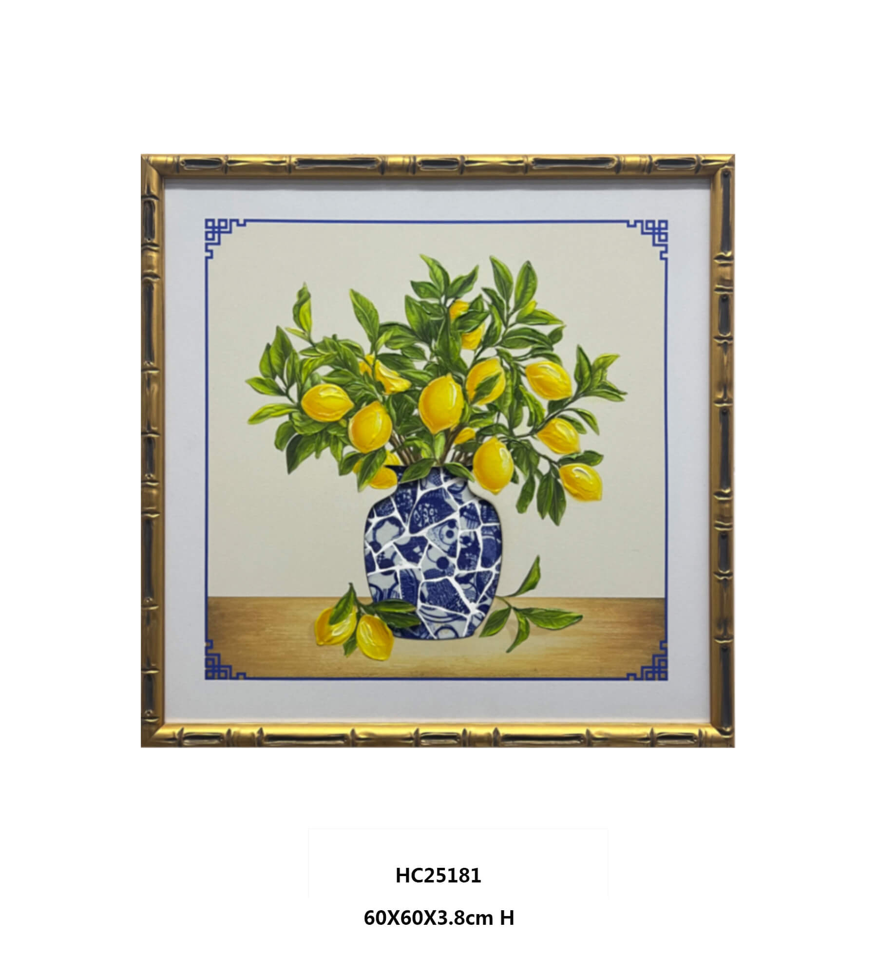 Gold framed lemon tree wall art with porcelain shard vase