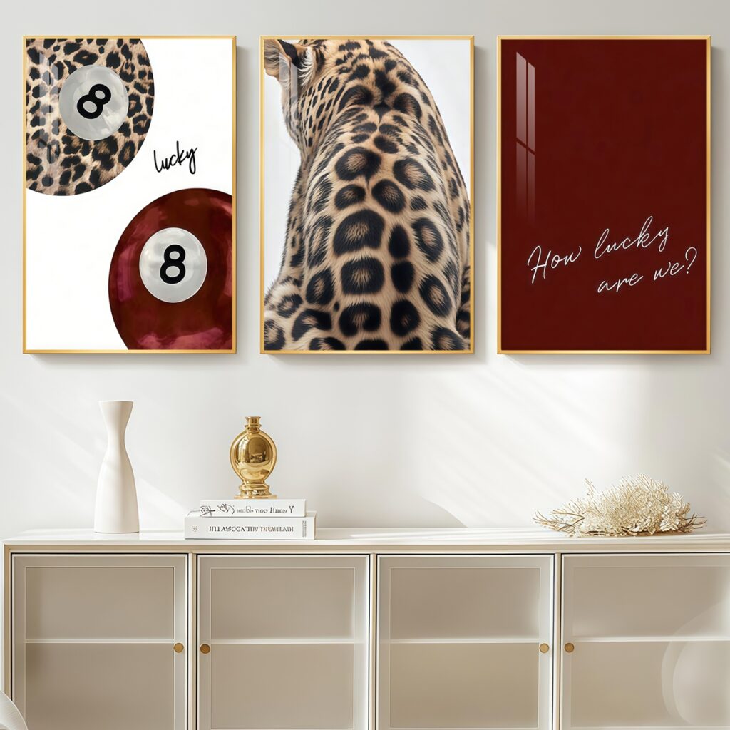 Leopard 8 ball canvas wall art set above a modern sideboard