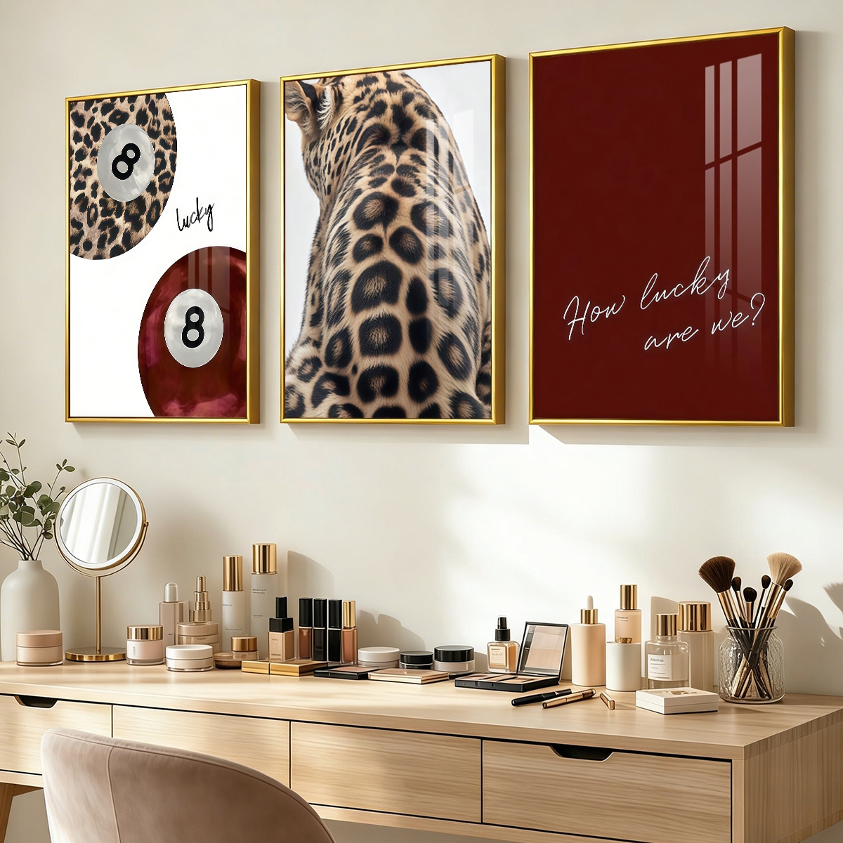 Bold Leopard 8 Ball Canvas Wall Art Set With Lucky Retro Style(30×45cm)
