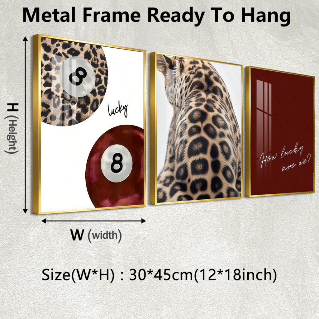 Three piece leopard wall art with 30 by 45 cm metal frames