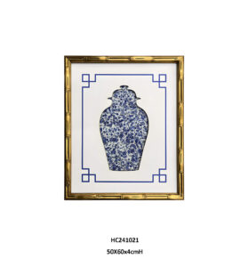 Light blue porcelain shard wall art with a ginger jar silhouette