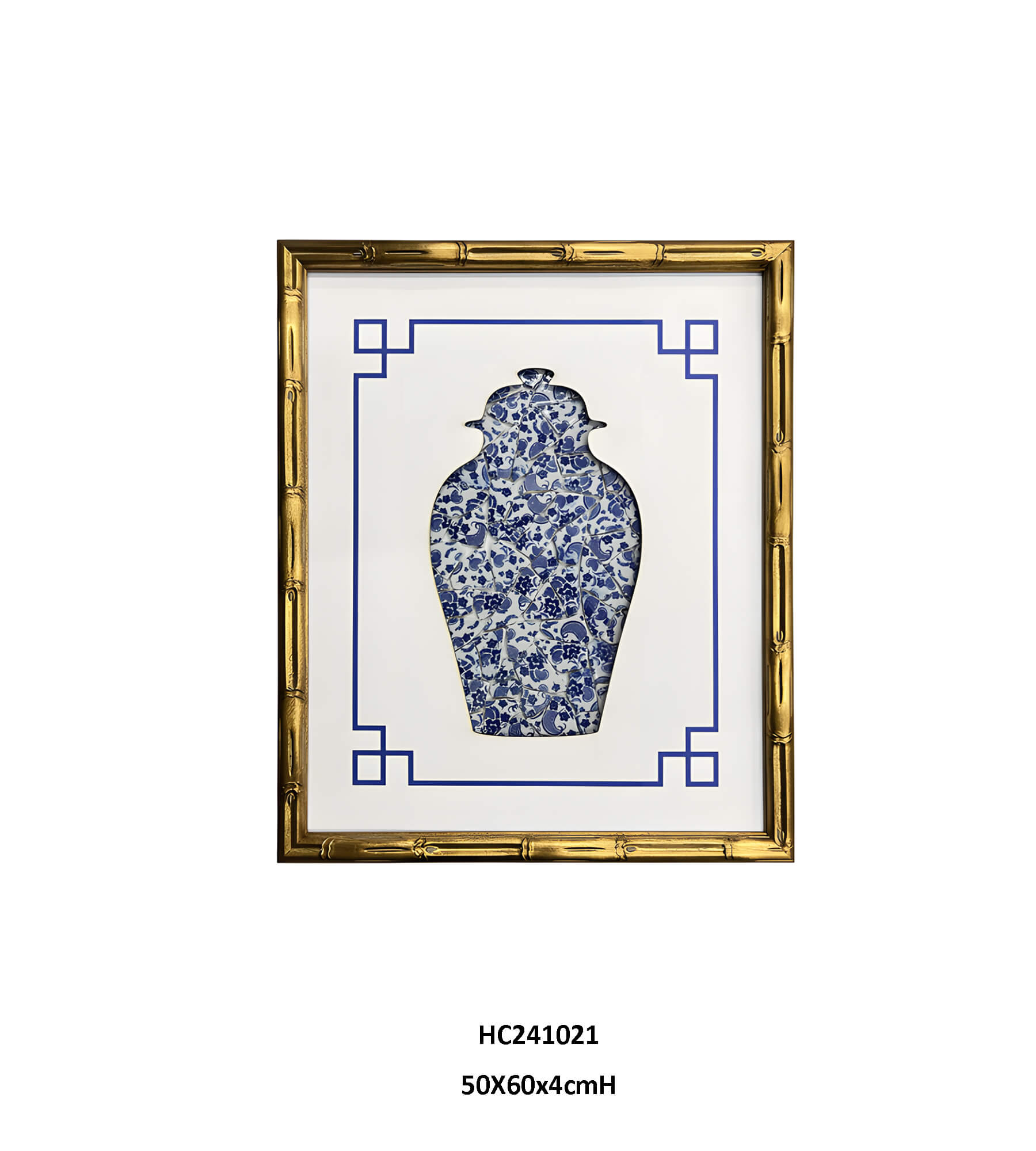 Light blue porcelain shard wall art with a ginger jar silhouette