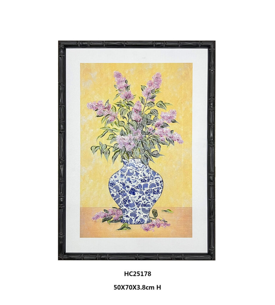 Framed lilac porcelain shard vase wall art in black bamboo frame