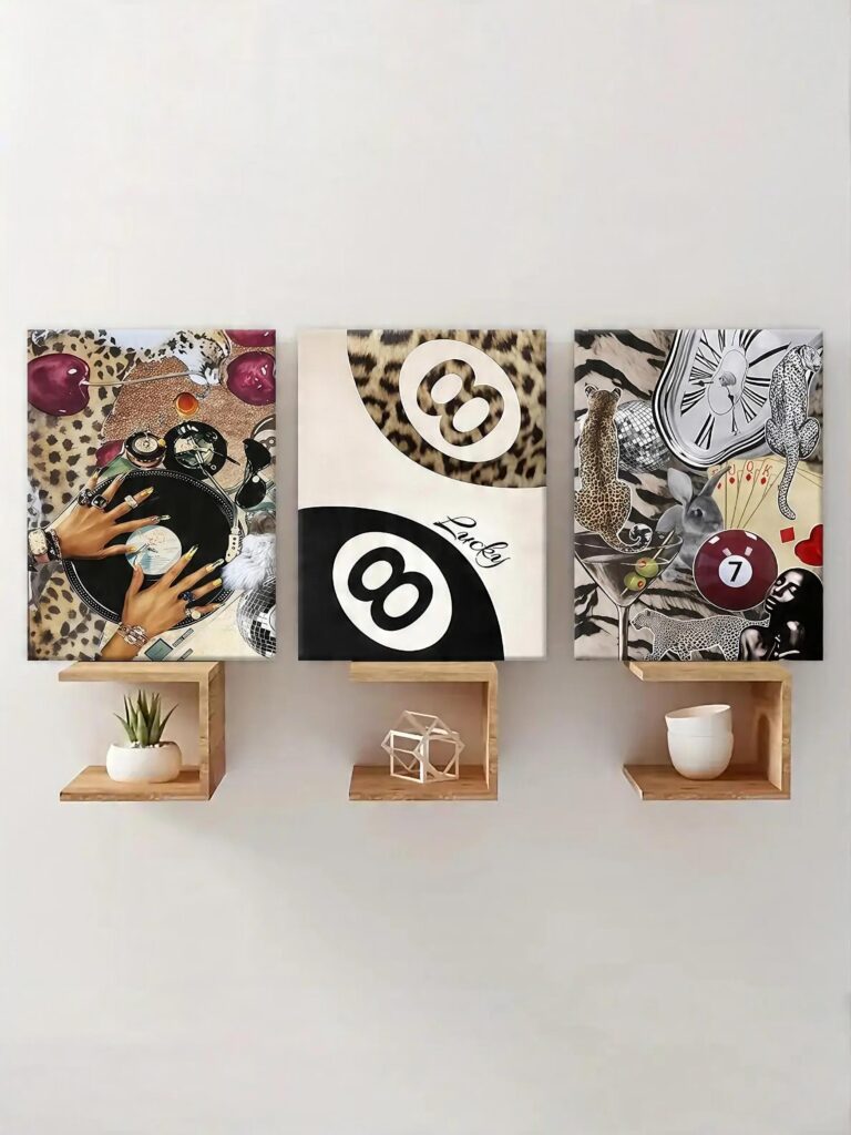 Lucky 8 Ball Canvas Wall Art Set above modern wooden shelves