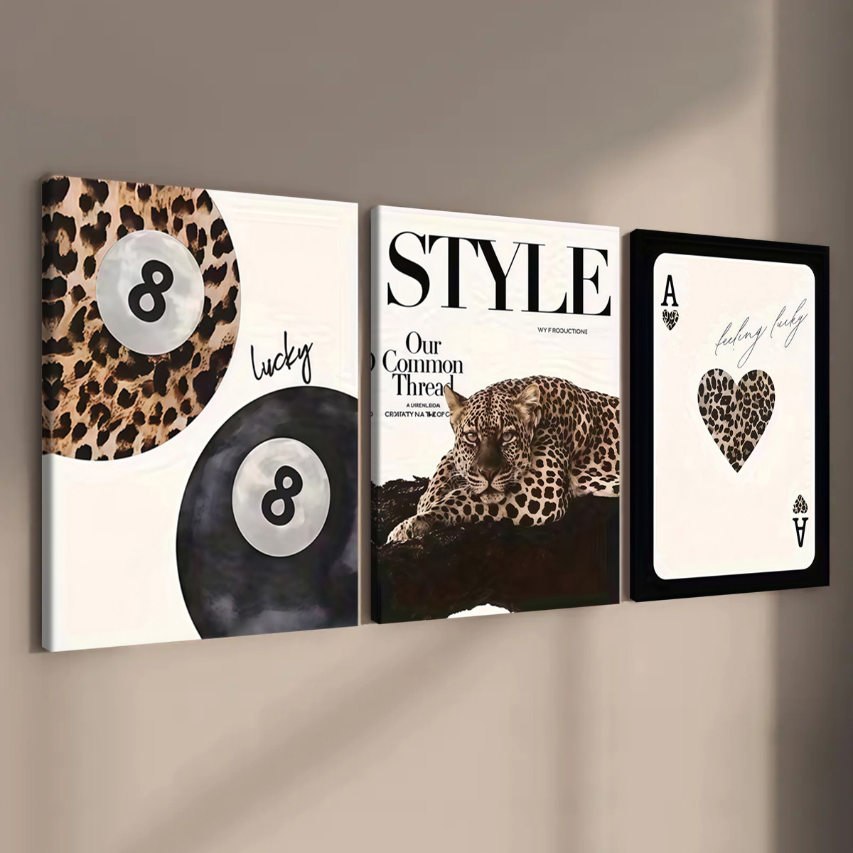 Leopard wall art set with lucky 8 ball and ace