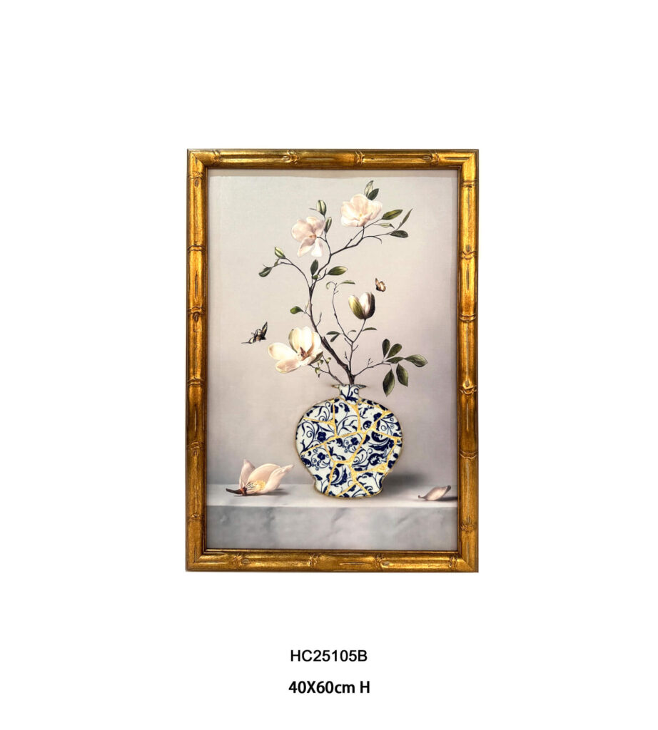 Magnolia wall art with a blue and white porcelain shard vase