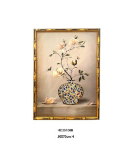 Magnolia flowers with blue and white shard vase