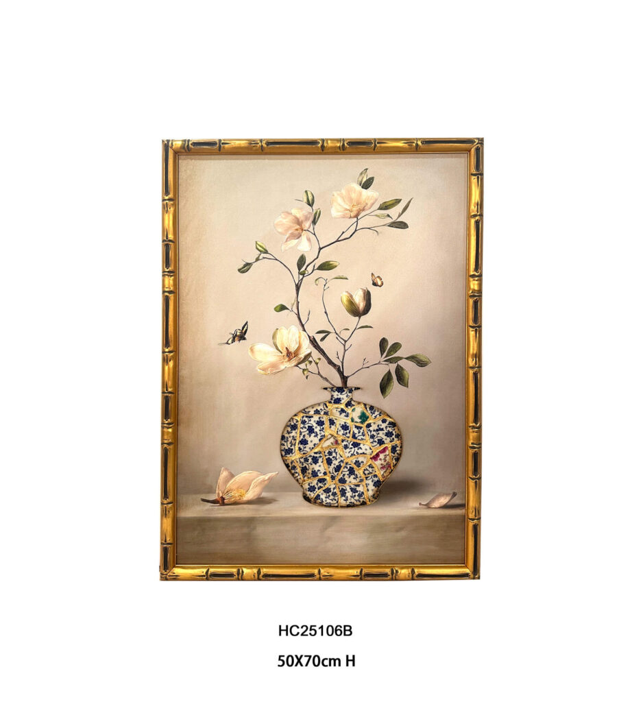 Magnolia flowers with blue and white shard vase