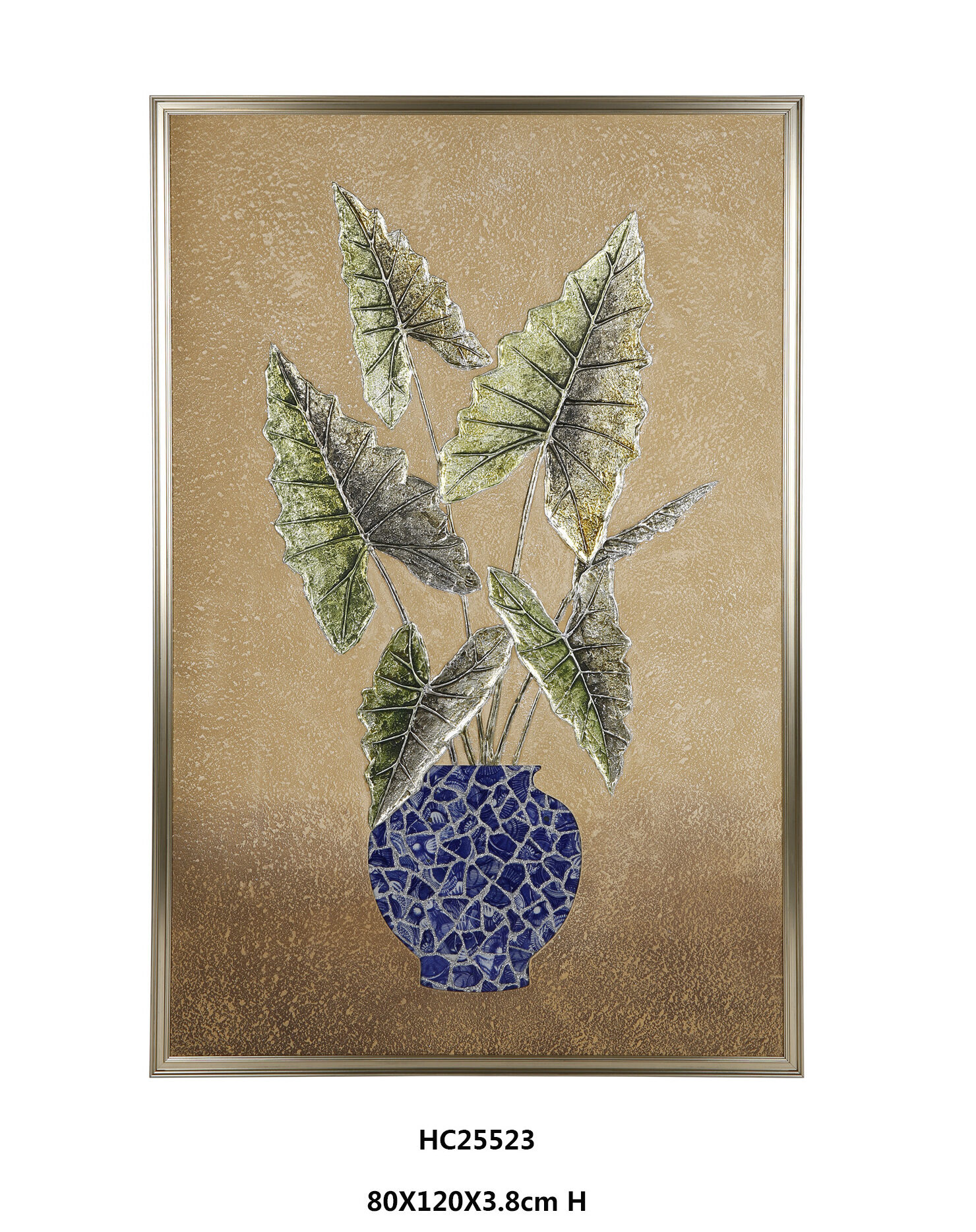 Framed Alocasia Botanical Porcelain Wall Art with Blue Mosaic Vase(80×120×3.8cm)