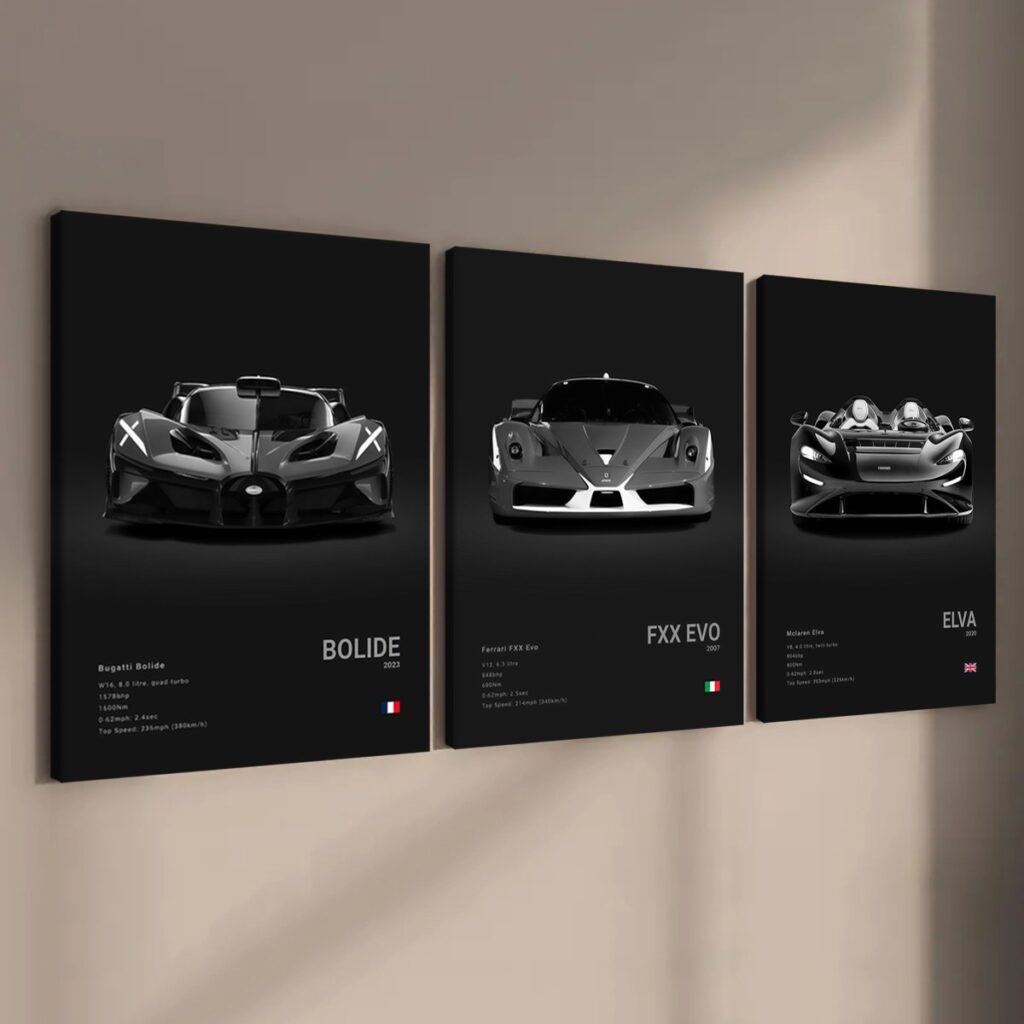 Minimalist black supercar wall art in a modern room