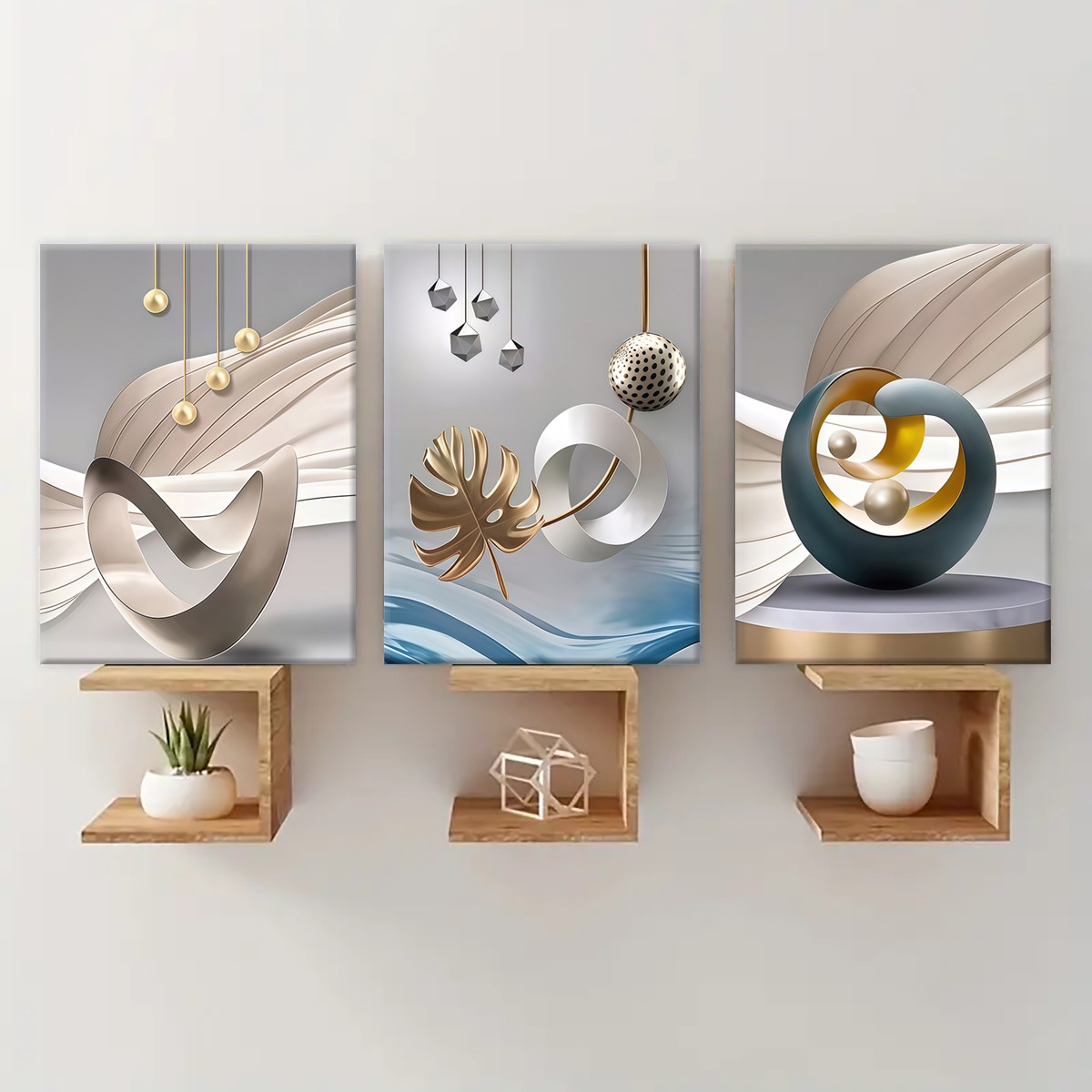 Sculptural Modern Geometric Canvas Wall Art Set in Gray Gold and Blue（30×40cm）