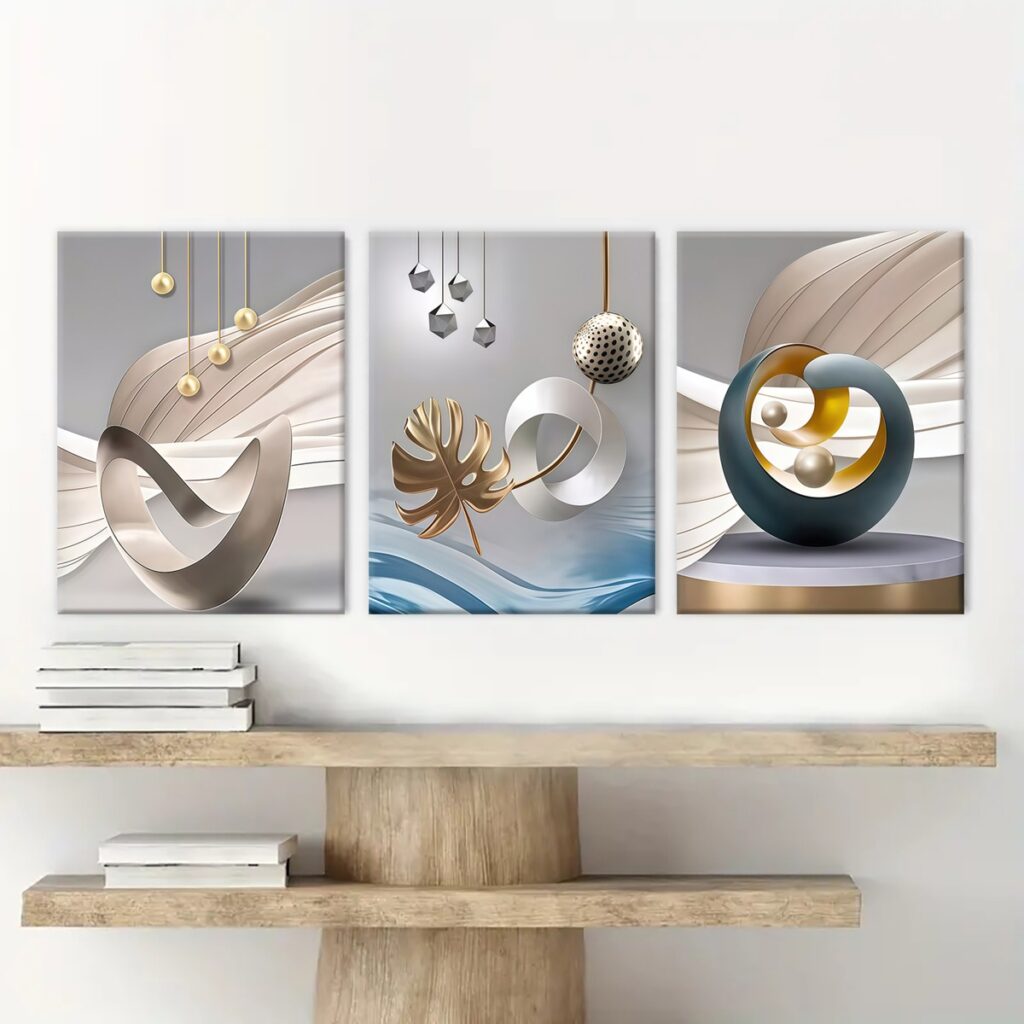 Modern geometric canvas wall art displayed above floating wood shelves