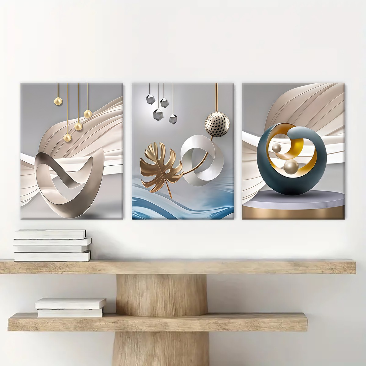 Modern geometric canvas wall art displayed above floating wood shelves