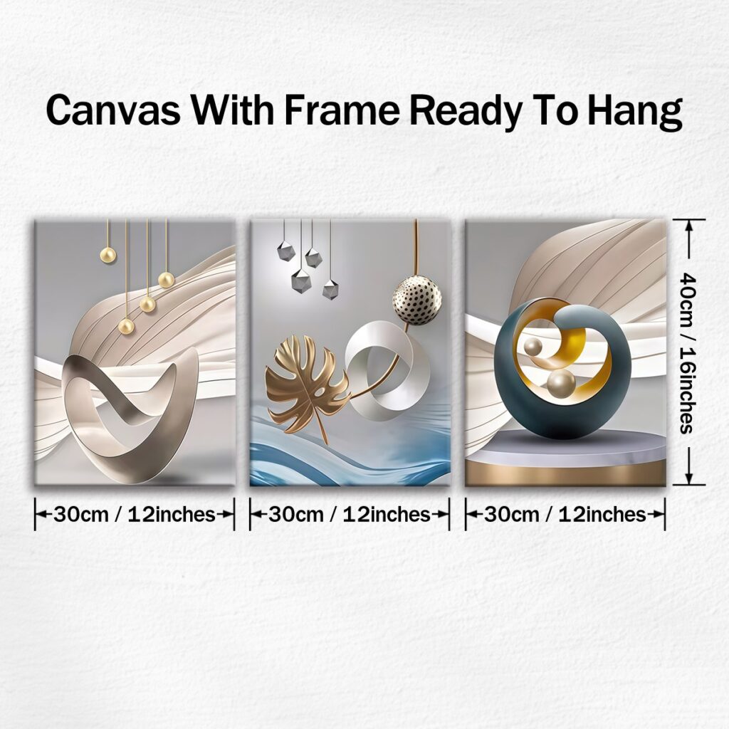 Modern geometric canvas wall art set with three framed 12 by 16 inch panels