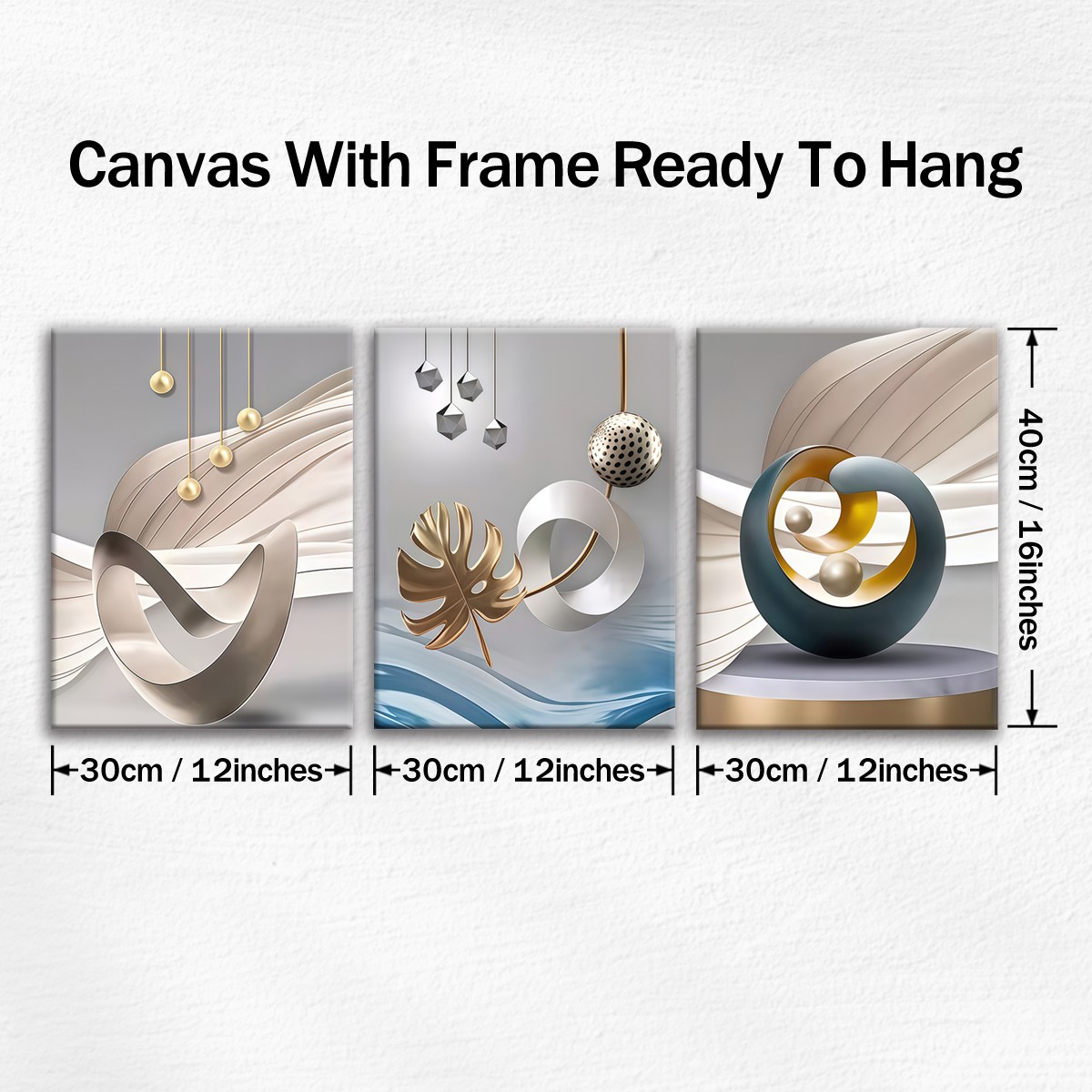 Modern geometric canvas wall art set with three framed 12 by 16 inch panels