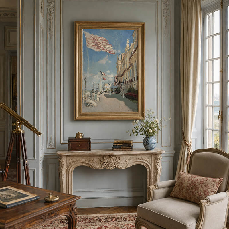 Framed Monet reproduction hanging on a blue-gray panelled wall above a carved stone console in an elegant French heritage salon.