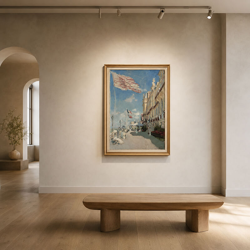 Monet’s Hôtel des Roches Noires, Trouville illuminated by track lighting in a warm museum-style gallery with a sculptural oak bench.