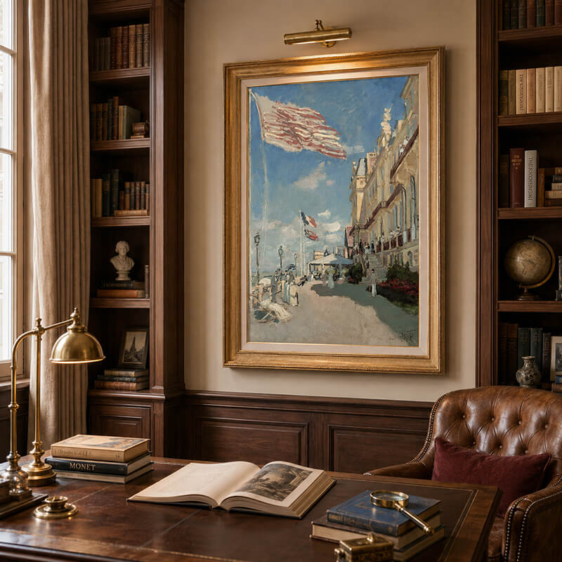 Framed reproduction of Monet’s Hôtel des Roches Noires, Trouville displayed between walnut bookshelves in a warm art scholar’s study.