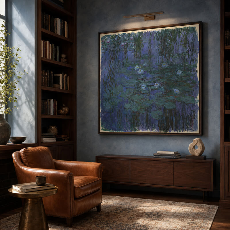 Monet Water Lilies artwork displayed in an elegant private collector’s library with dark wood furnishings
