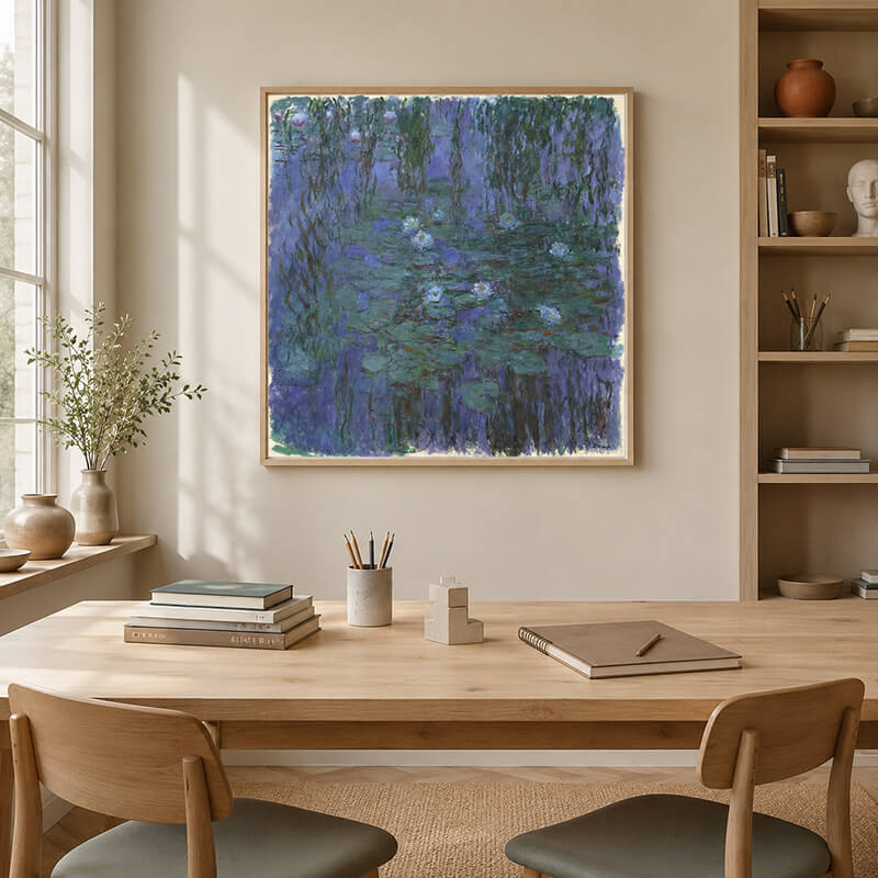 Monet Water Lilies artwork displayed in a bright art study room with books and drawing materials