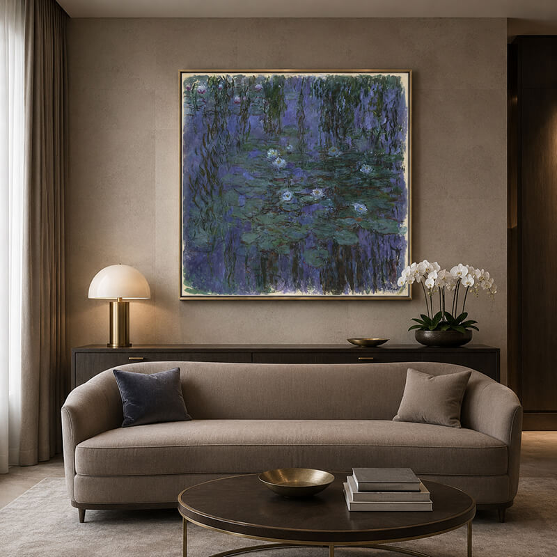 Claude Monet Water Lilies wall art in a luxury executive lounge with neutral furniture and brass details
