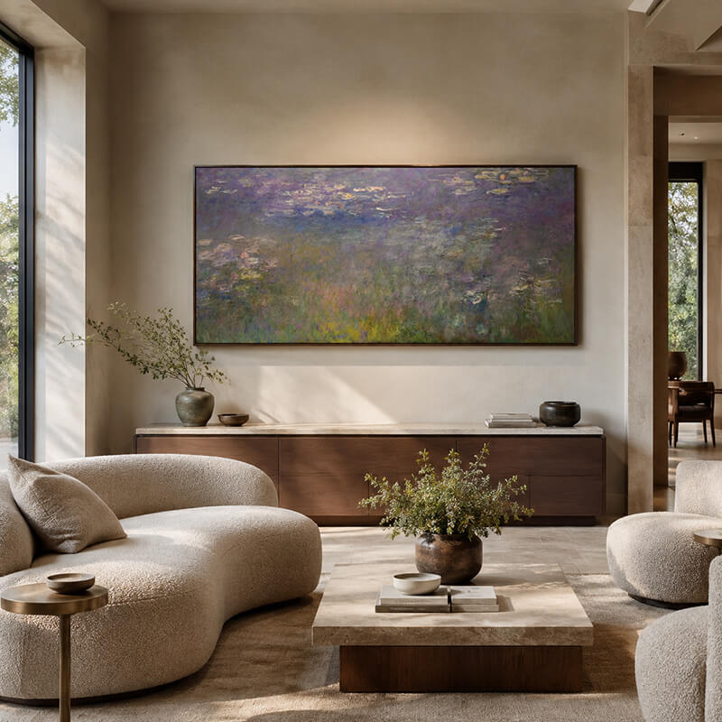 Monet Water Lilies wall art displayed in a luxury living room with walnut furniture and cream seating