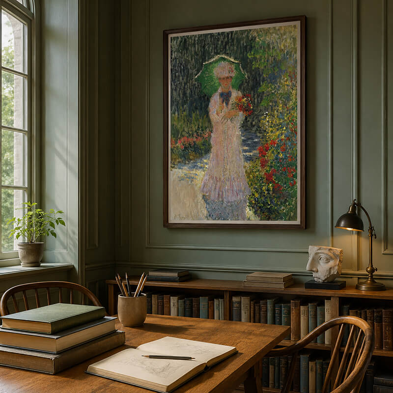 Monet Woman in the Garden reproduction displayed in an art history study with books and a warm oak desk.