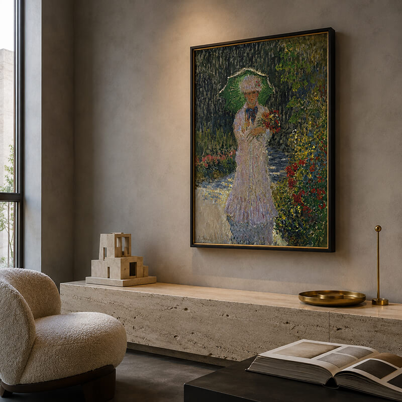 Framed Monet Woman in the Garden painting displayed in a contemporary interior design studio.