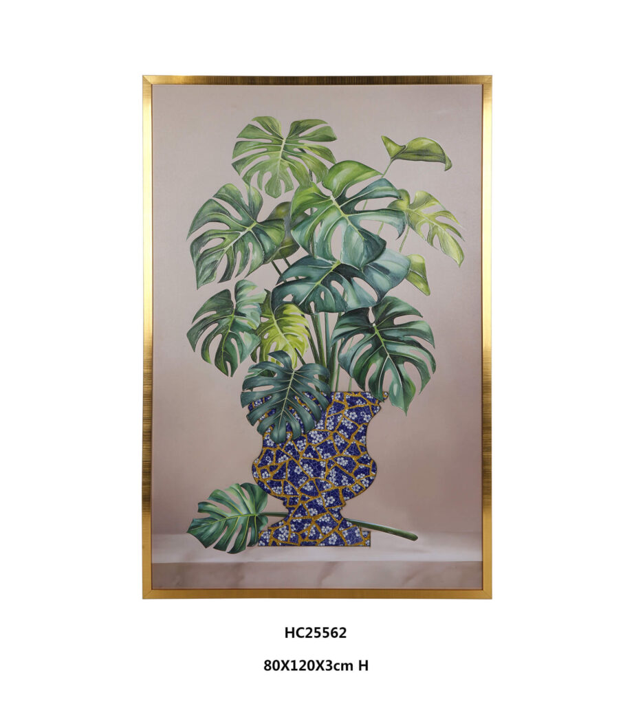 Textured monstera wall art with blue mosaic vase