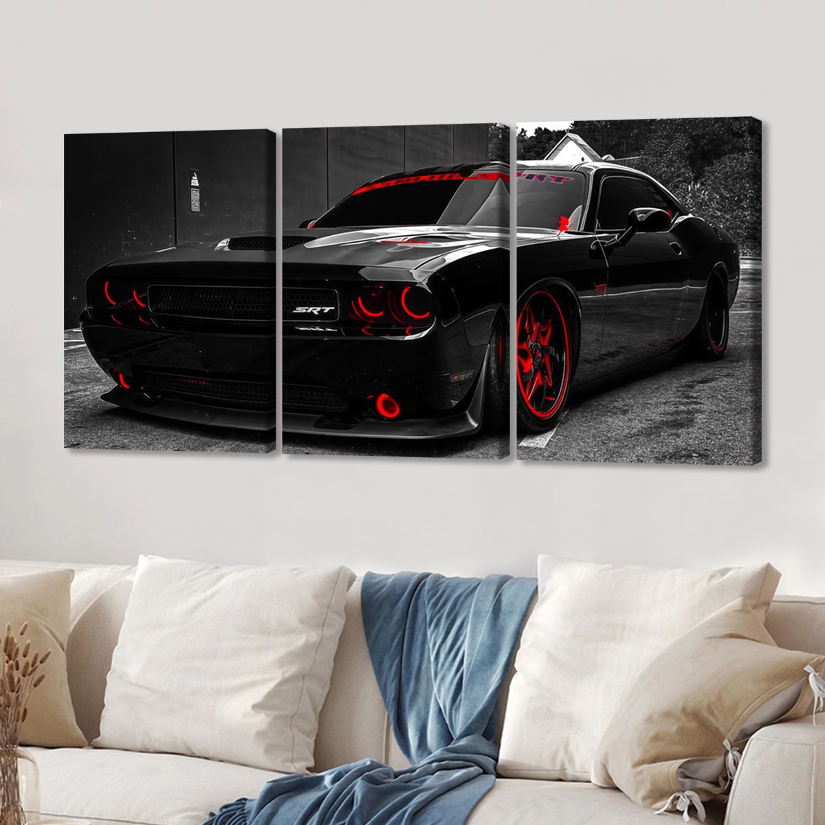 Muscle car canvas wall art above a modern sofa