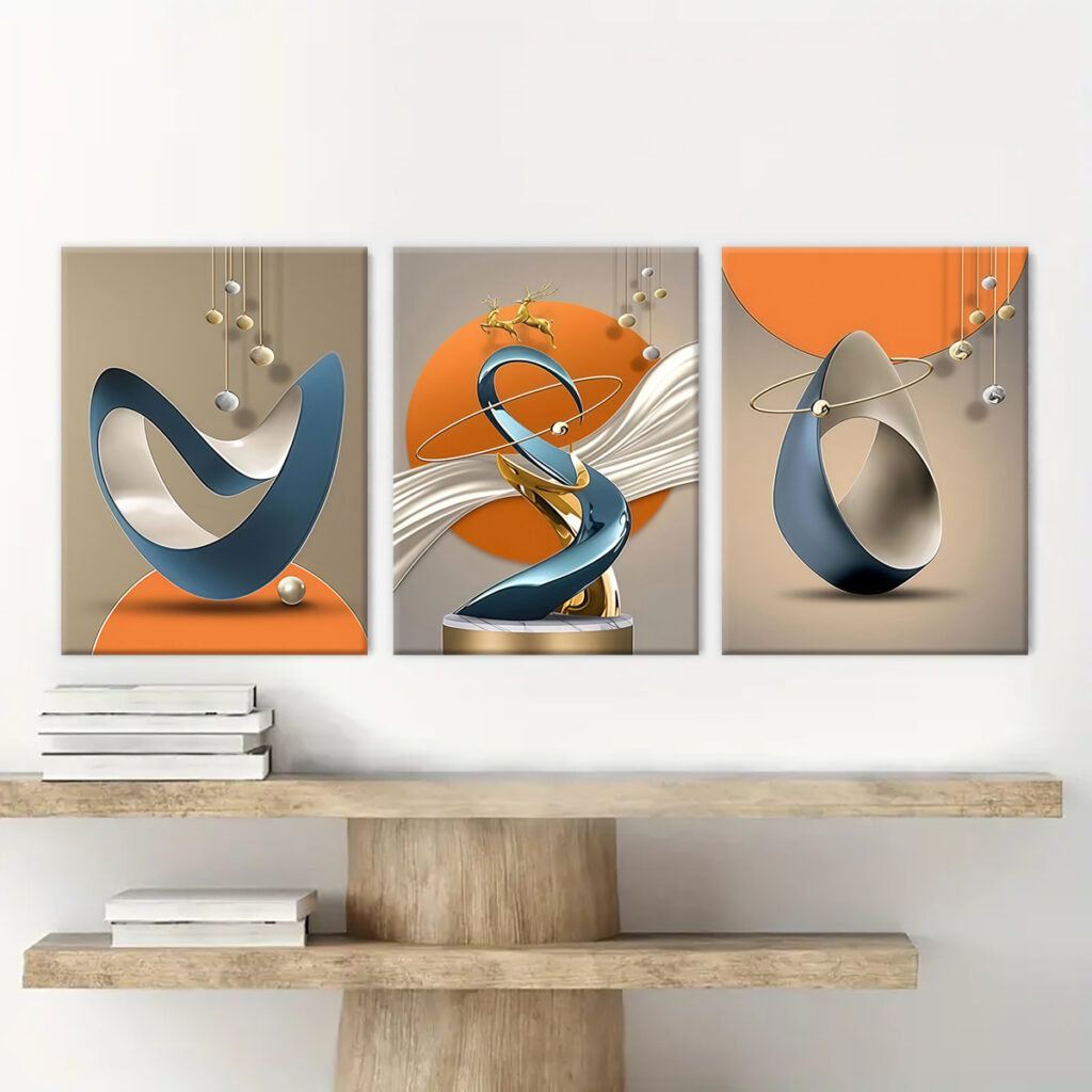 Orange and blue geometric canvas wall art above a wood console