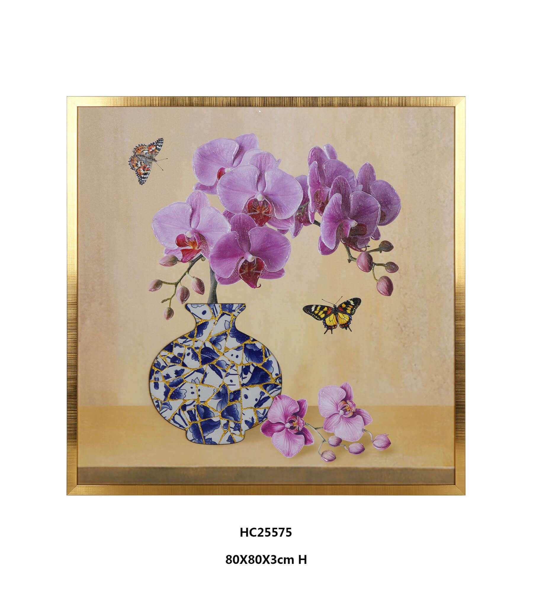 Framed Orchid Porcelain Vase Wall Art in Pink and Gold (80×80×3 cm)