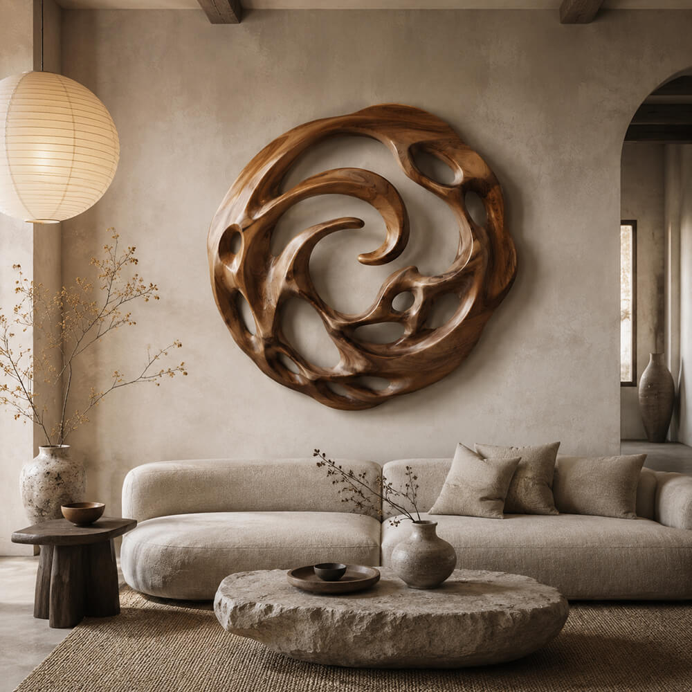 Organic Openwork Wood Wall Sculpture for Living Room