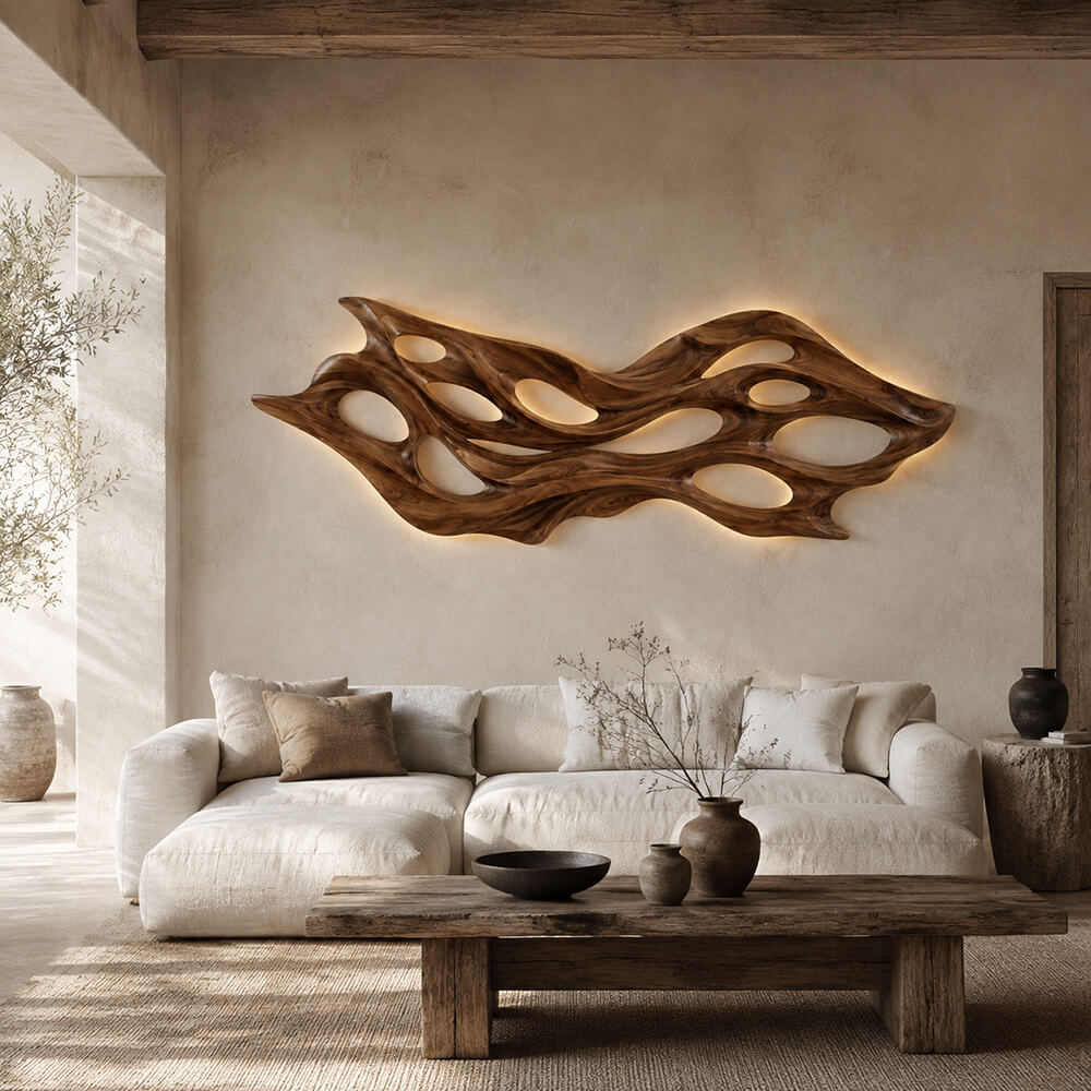 Large Hand Carved Organic Openwork Wood Wall Sculpture for Living Room