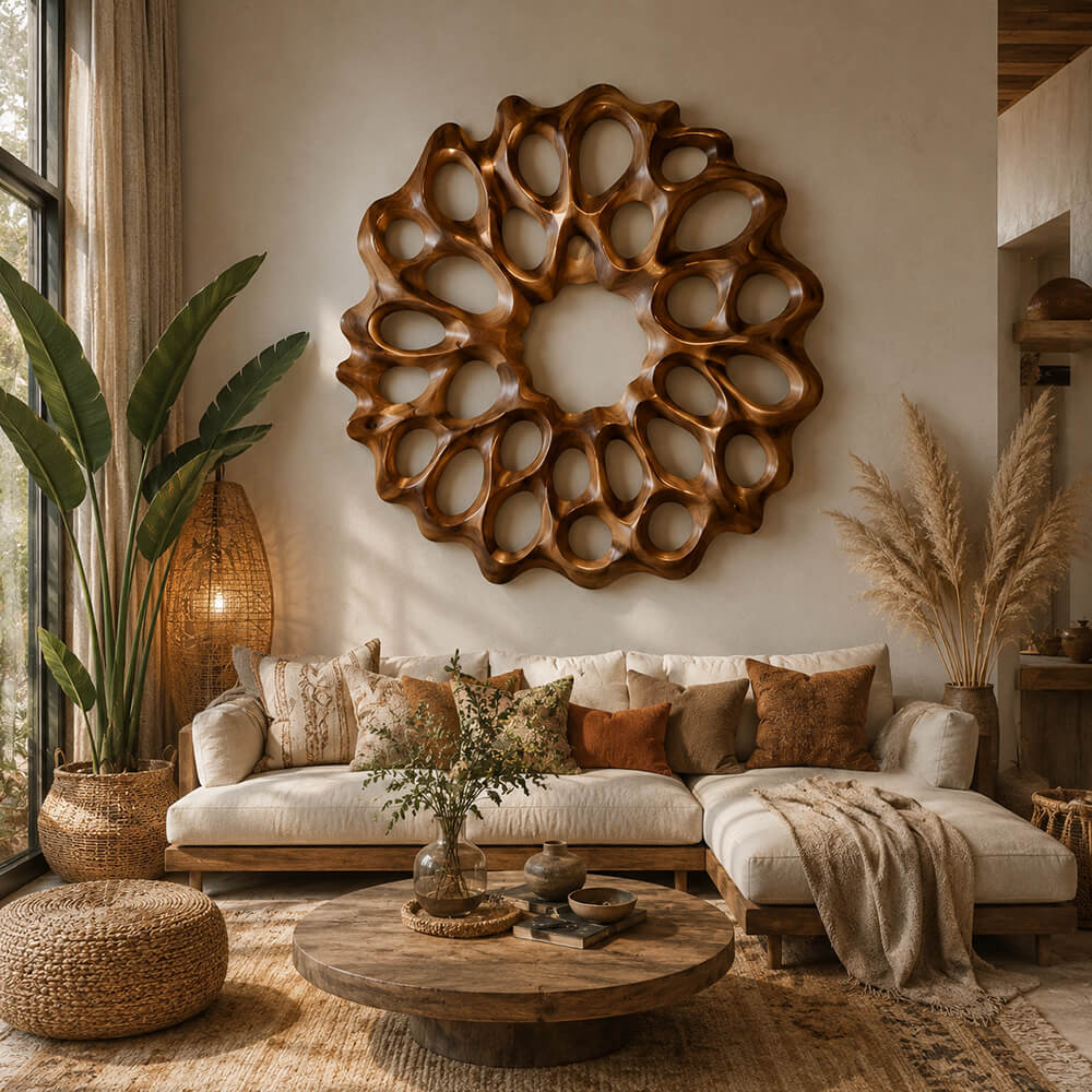Organic wood wall art featuring 3D openwork carving, displayed