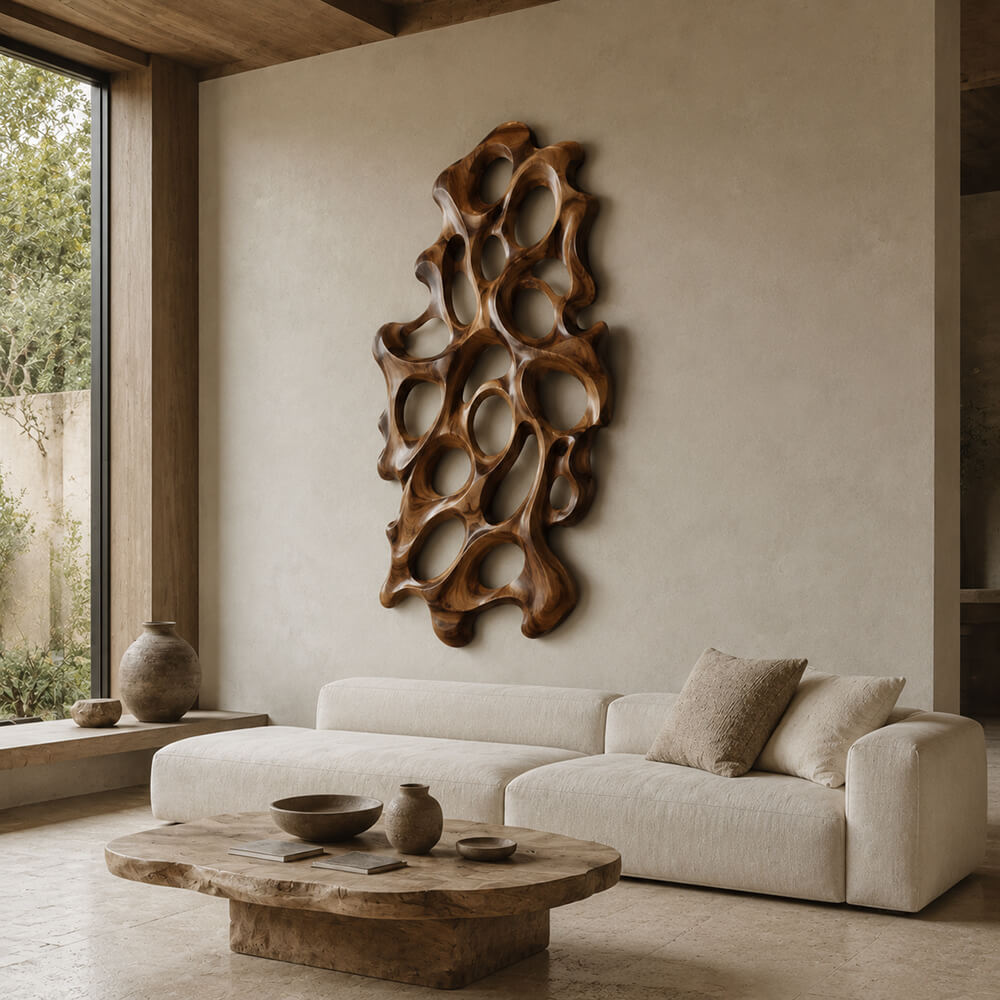 Hand Carved Organic Openwork Wooden Wall Sculpture for Luxury Interiors