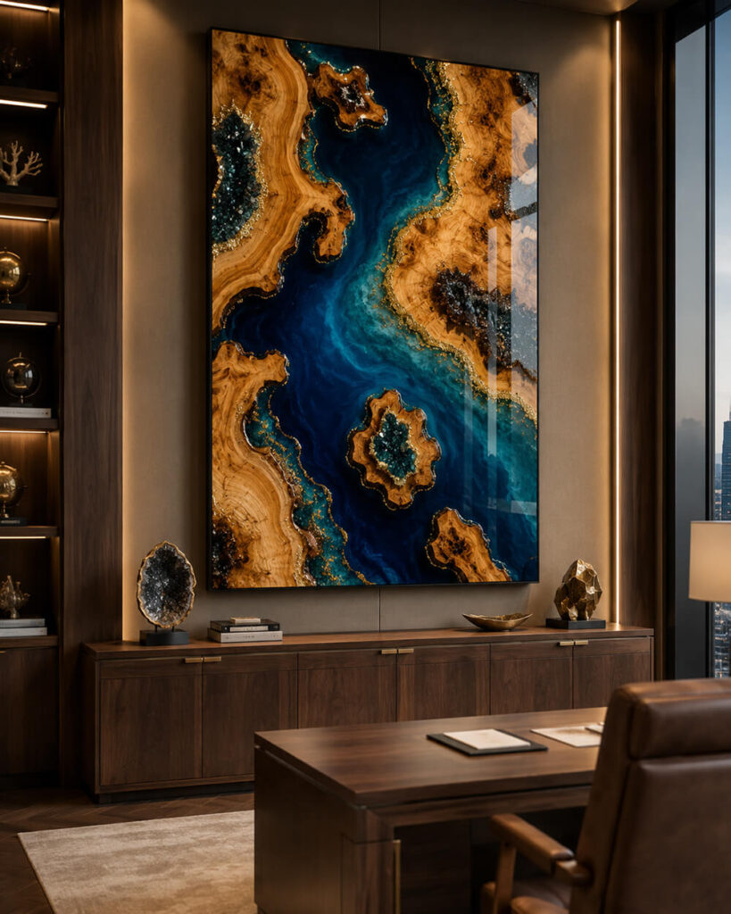 Side view of oversized blue epoxy resin wall art with frame