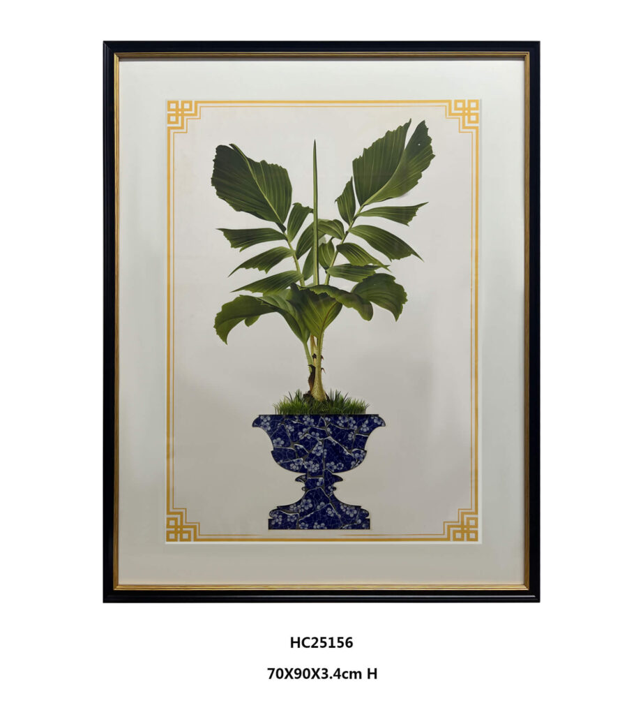 Palm tree porcelain wall art with blue and white planter