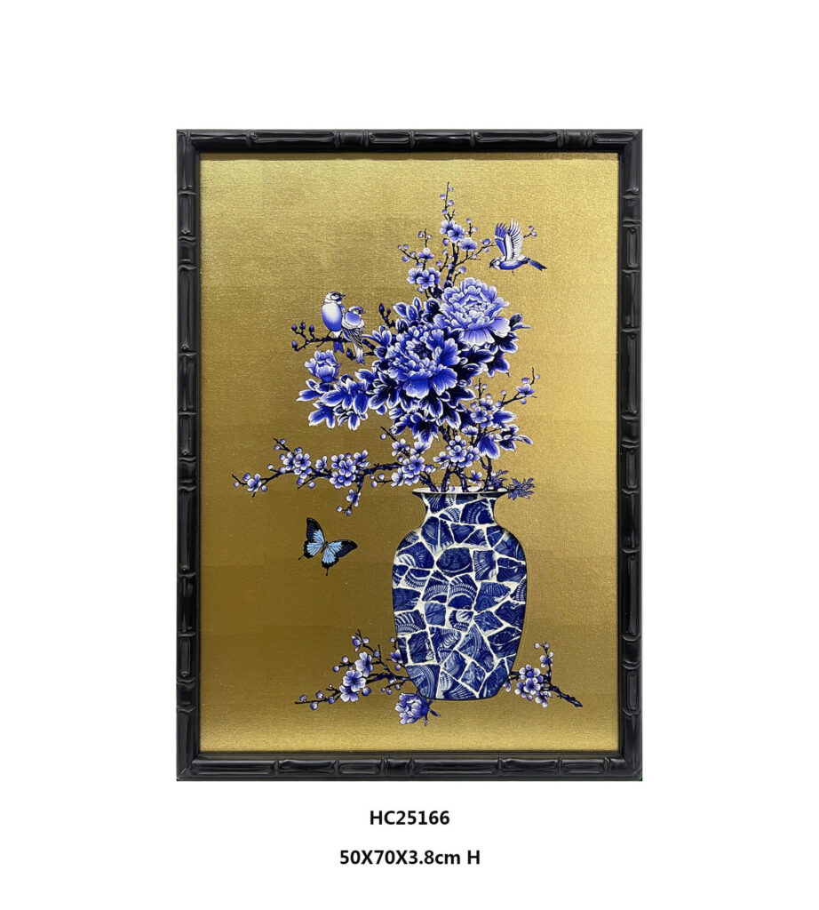 Peony floral wall art with porcelain shard vase and black frame